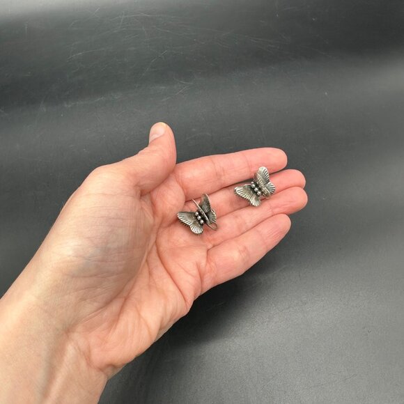 Vintage Sterling Silver Butterfly Screw Back Earrings 3D Double Wing 925 Western - Picture 7 of 8
